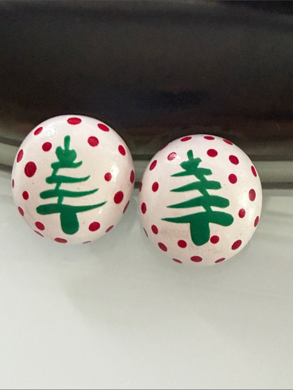 Wooden Christmas Tree Clip Earrings - White & Green